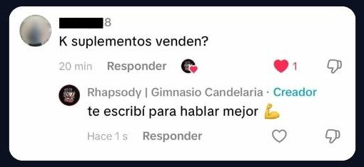 Comentario preguntando qué suplementos venden, con respuesta del gimnasio